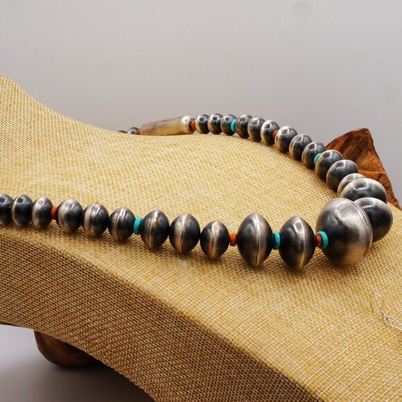 Native American Navajo Turquoise Silver Pearls Spiney Oyster Necklace & Earrings - Picture 7 of 10